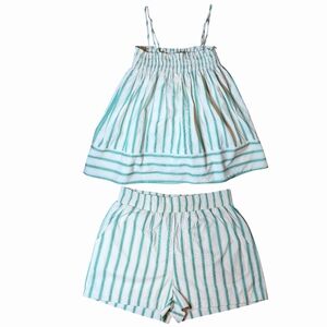 Aakaa Striped Two Piece Set Womens Medium Smocked Cami Top Elastic Waist Shorts
